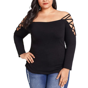 Casual Long sleeve Solid Color Off shoulder Plus size Tops