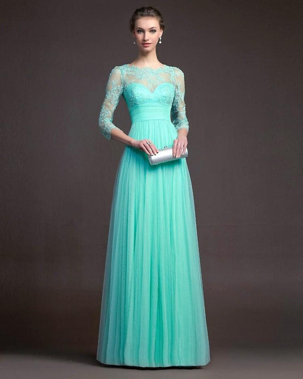 3/4 sleeve Solid Color Maxi Round neck High waist Lace Maxi Dresses