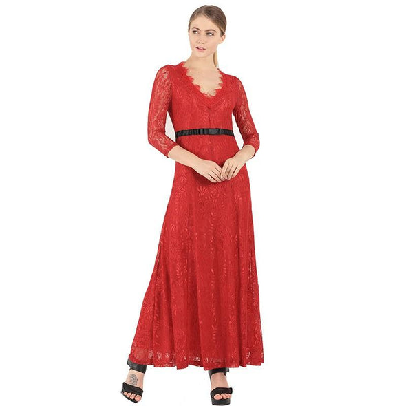 3/4 Sleeve Solid Color maxi v neck High waist bandage Lace Dresses