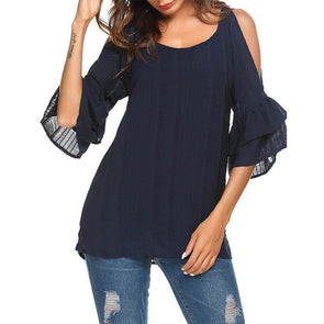 Chiffon 3/4 sleeve Bell sleeve Solid Color T-shirt