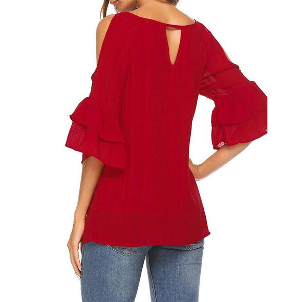 Chiffon 3/4 sleeve Bell sleeve Solid Color T-shirt