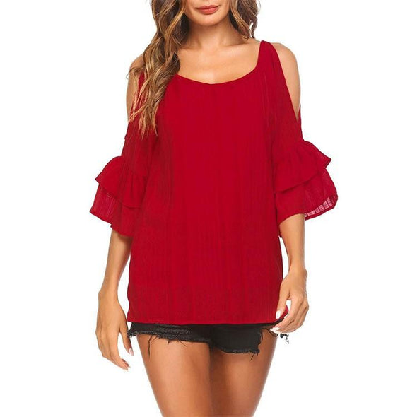 Chiffon 3/4 sleeve Bell sleeve Solid Color T-shirt