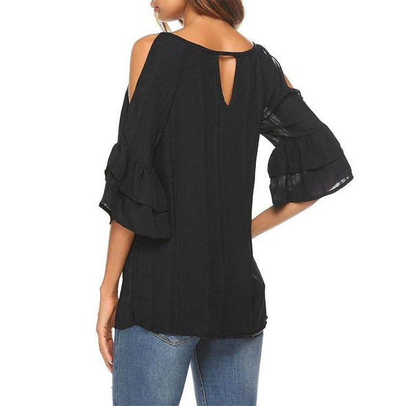 Chiffon 3/4 sleeve Bell sleeve Solid Color T-shirt