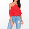 3/4 sleeve Flounce Cold Shoulder Solid Color T-shirt