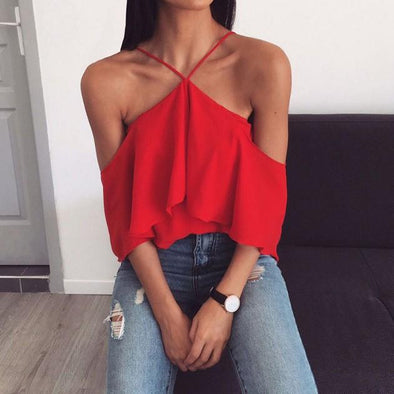 3/4 sleeve Flounce Cold Shoulder Solid Color T-shirt