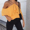 3/4 sleeve Flounce Cold Shoulder Solid Color T-shirt