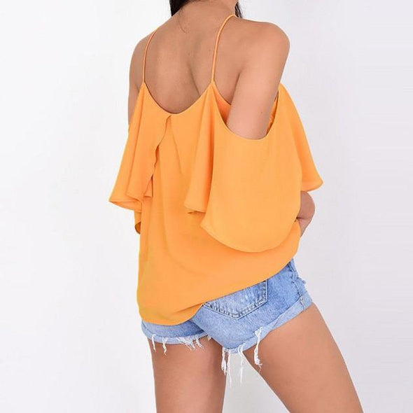 3/4 sleeve Flounce Cold Shoulder Solid Color T-shirt