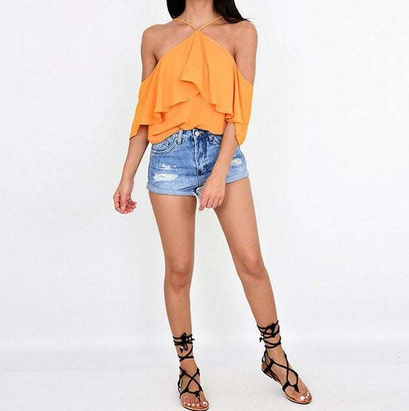 3/4 sleeve Flounce Cold Shoulder Solid Color T-shirt