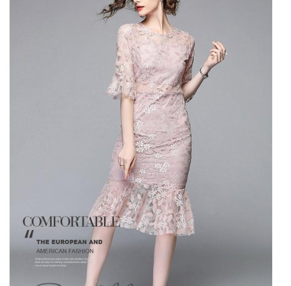 Bell Sleeve Solid Color Knee Length V Neck High Waist Lace Dresses