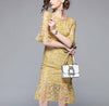 Bell Sleeve Solid Color Knee Length V Neck High Waist Lace Dresses