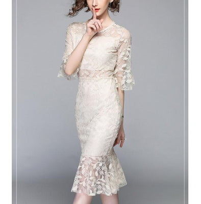 Bell Sleeve Solid Color Knee Length V Neck High Waist Lace Dresses