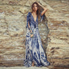 3/4 Sleeve Lotus Leaf Sleeve Print V Neck Maxi Dresses