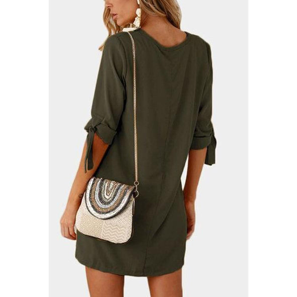 3/4 Sleeve Green Mini Round Neck Shift Dresses