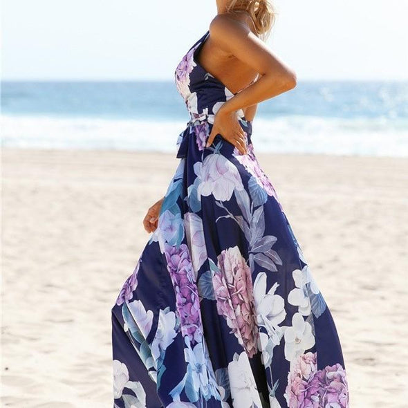 Cotton Sleeveless Print Cross back Bandage Maxi Dresses