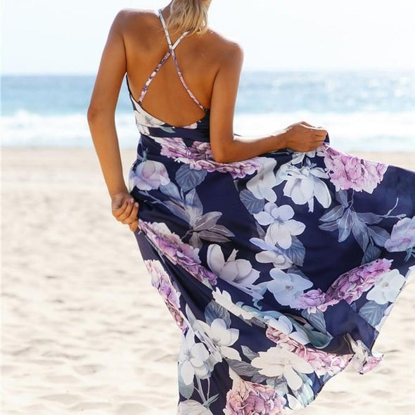 Cotton Sleeveless Print Cross back Bandage Maxi Dresses