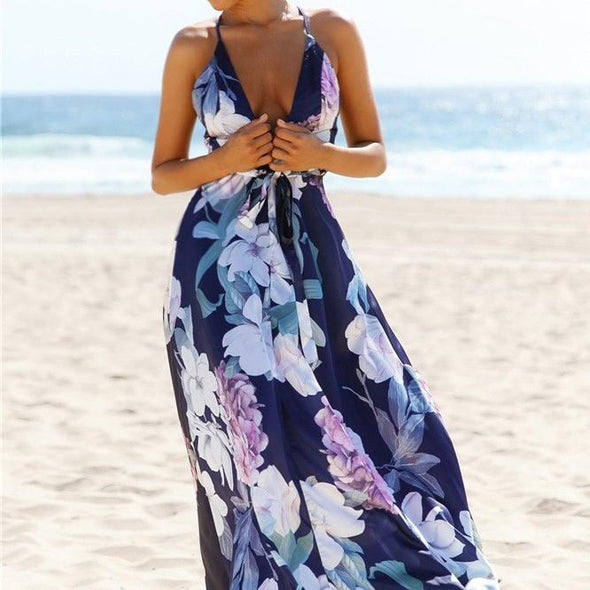 Cotton Sleeveless Print Cross back Bandage Maxi Dresses