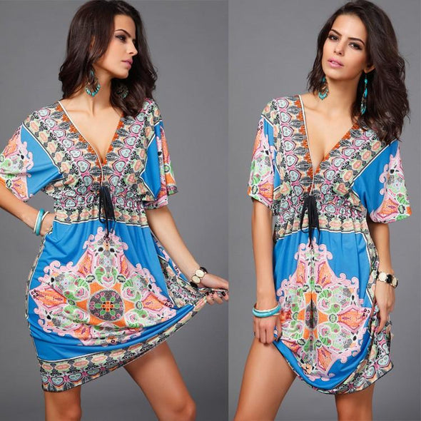 Bell Sleeve Print Mini V Neck Bandage Elastic Waist Vacation Dresses