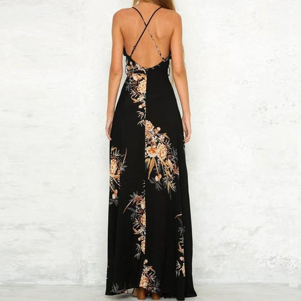 Chiffon Sleeveless Halterneck Print Patchwork Maxi Dresses