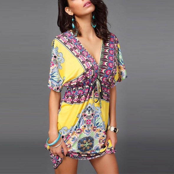 Bell Sleeve Print Mini V Neck Bandage Elastic Waist Vacation Dresses