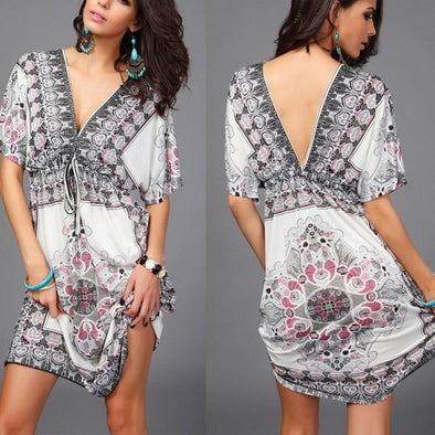 Bell Sleeve Print Mini V Neck Bandage Elastic Waist Vacation Dresses