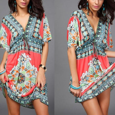 Bell Sleeve Print Mini V Neck Bandage Elastic Waist Vacation Dresses