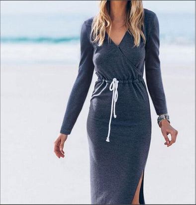 Cotton Blue Maxi V neck Split Bandage Pullover Maxi Dresses