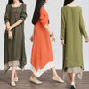 Cotton and Linen 3/4 sleeve Solid Color Maxi Round neck Maxi Dresses