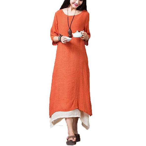 Cotton and Linen 3/4 sleeve Solid Color Maxi Round neck Maxi Dresses