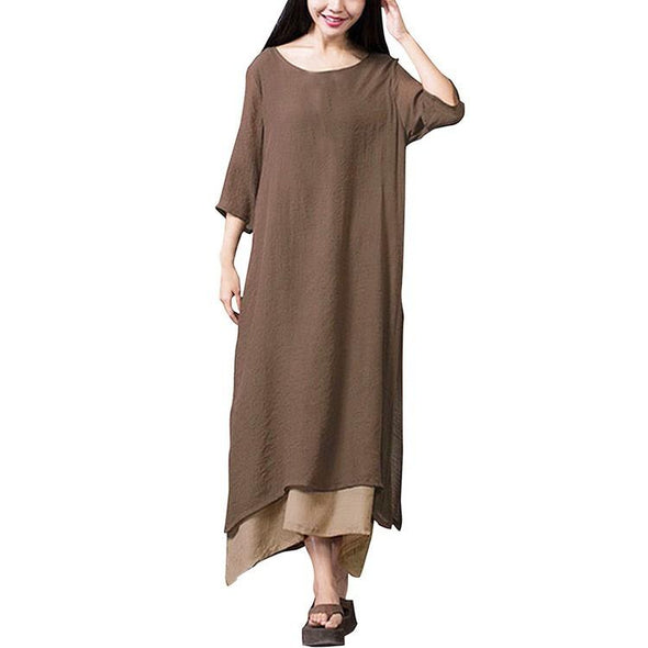 Cotton and Linen 3/4 sleeve Solid Color Maxi Round neck Maxi Dresses