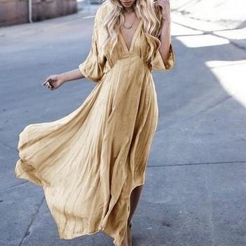 Women 3/4 Sleeve Bell sleeve V-Neck Maxi Dresses