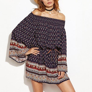 Bell Sleeve Print Mini Off Shoulder Bandage Elastic Waist Vacation Dresses