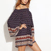 Bell Sleeve Print Mini Off Shoulder Bandage Elastic Waist Vacation Dresses