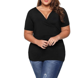 Casual Solid Color Short sleeve V neck Plus size Tops