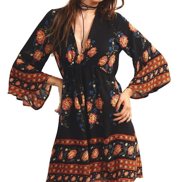 Beautiful Bohemia Floral Deep V Neck Trumpet Sleeve Vacation Dresses