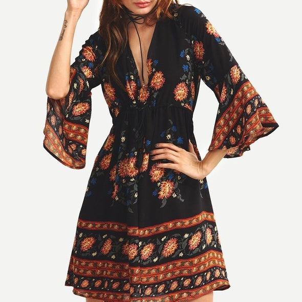 Beautiful Bohemia Floral Deep V Neck Trumpet Sleeve Vacation Dresses