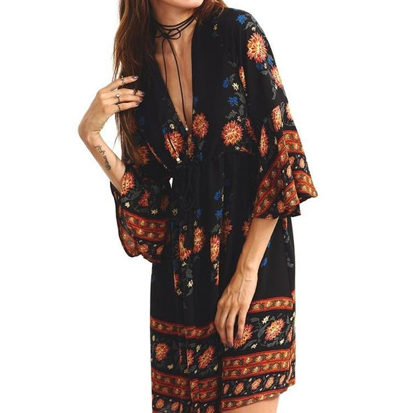 Beautiful Bohemia Floral Deep V Neck Trumpet Sleeve Vacation Dresses