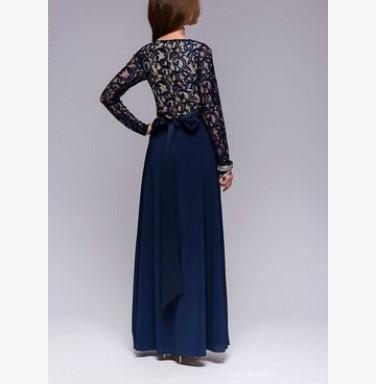 Blue Long sleeve Maxi Round neck Patchwork High waist Lace Maxi Dresses