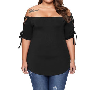 Casual Short sleeve Solid Color Off shoulder Plus size Tops