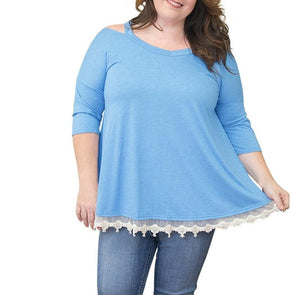 Casual 3/4 sleeve Solid Color Pachwork Plus size Tops