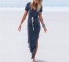 Cotton Blue Maxi V neck Split Bandage Pullover Maxi Dresses