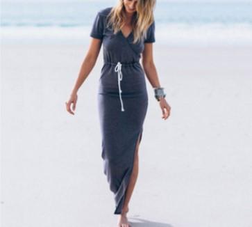 Cotton Blue Maxi V neck Split Bandage Pullover Maxi Dresses