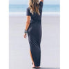 Cotton Blue Maxi V neck Split Bandage Pullover Maxi Dresses