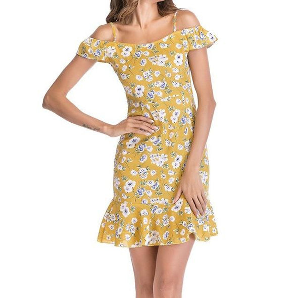 Chiffon Short Sleeve Cold Shoulder Mini Off Shoulder Floral Dresses