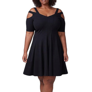 Casual Short sleeve Cold shoulder Solid Color Plus size skater Dresses