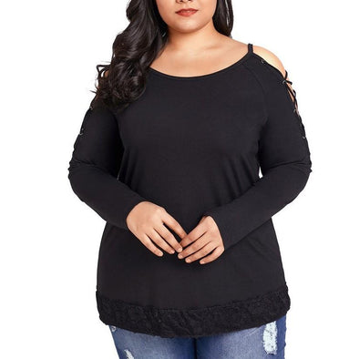 Casual Cold shoulder Solid Color Round neck Plus size Tops