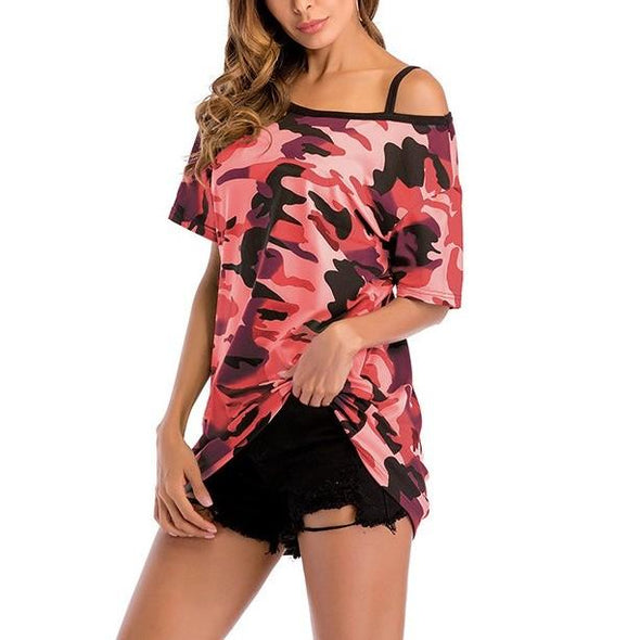 Camouflage Cold Shoulder Cotton T-Shirt