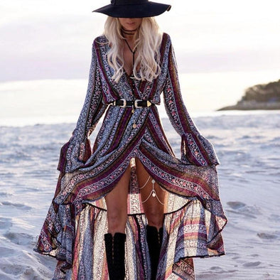 Bell Sleeve Bohemia Print Tie Side Beach Maxi Dress
