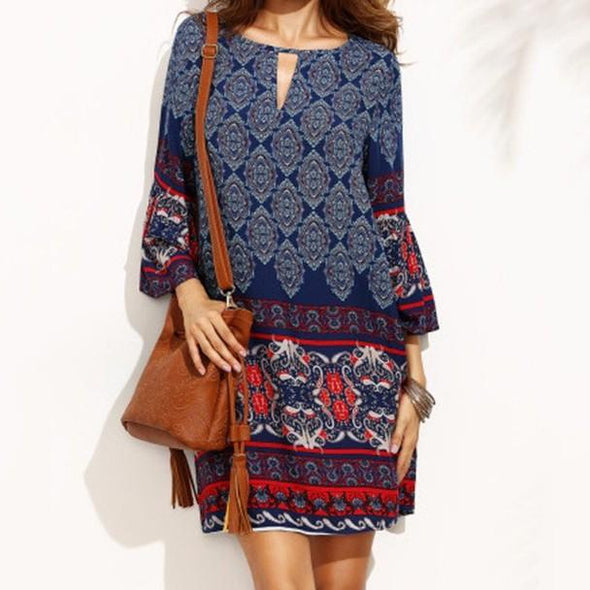 3/4 Sleeve Bell Sleeve Print Mini Vintage Vacation Dresses