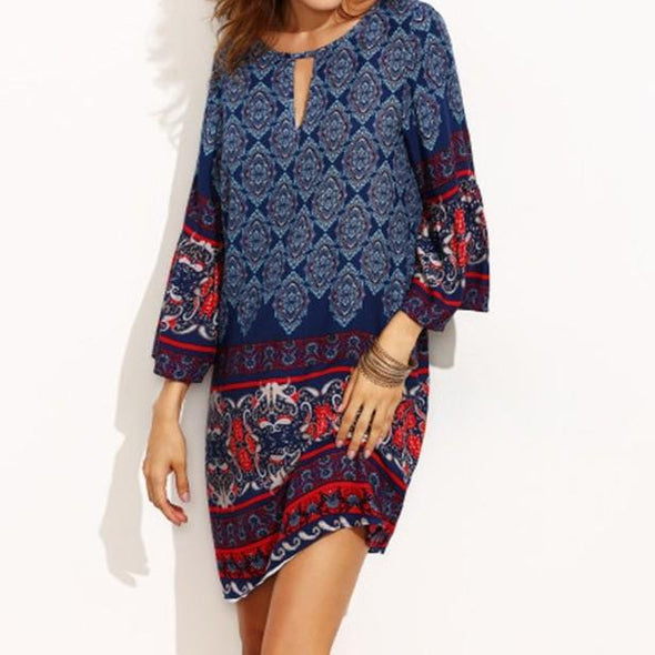 3/4 Sleeve Bell Sleeve Print Mini Vintage Vacation Dresses