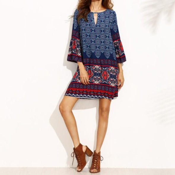 3/4 Sleeve Bell Sleeve Print Mini Vintage Vacation Dresses